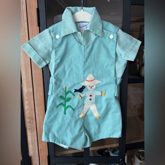 80s Vintage JonJon Shortall set Toddler Romper Scarecrow Corn Appliqué gingham - Picture 3 of 8
